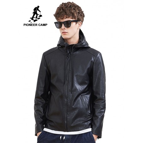 Pioneer camp new arrivals Leather jackets men brand clothing casual hooded motorcycle jacket male qu